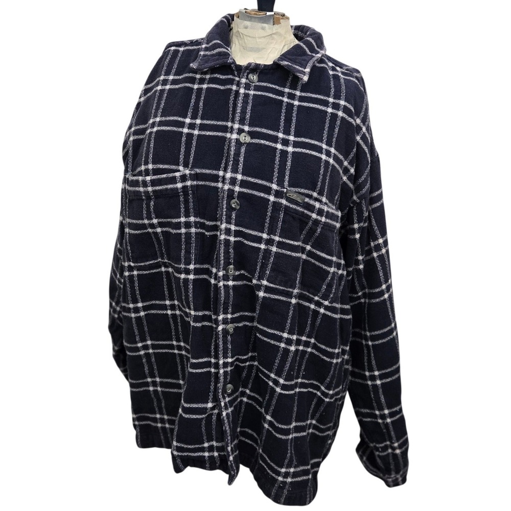 Quiksilver Salt Water Denim Heavy Flannel Shirt MensL Navy Blue Plaid Button Dwn